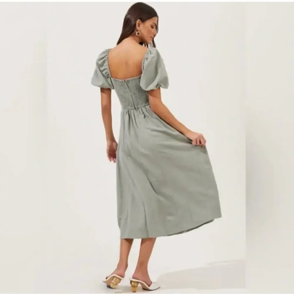 ASTR Label Pleated Bodice Bubble Sleeve Midi Dress Smocked Sage XL NWT - Picture 2 of 10